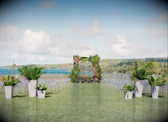 Tropical ceremony arch covered in leaves