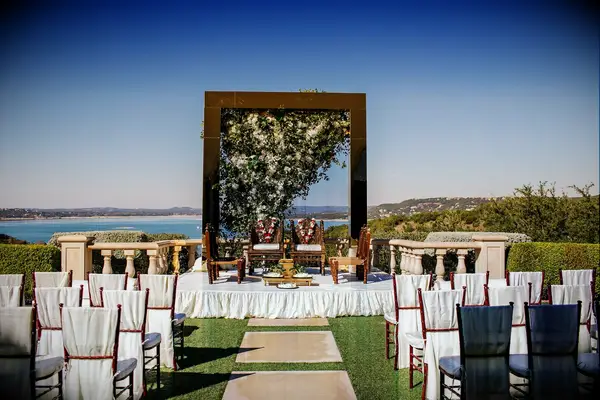Gold mirrored arch overlooking lake