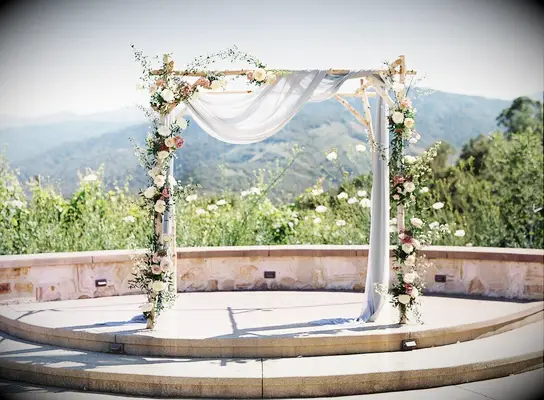 Rustic wood arch with linen draping
