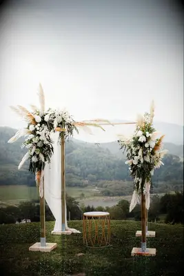 Wood arch with pampas grass decorations