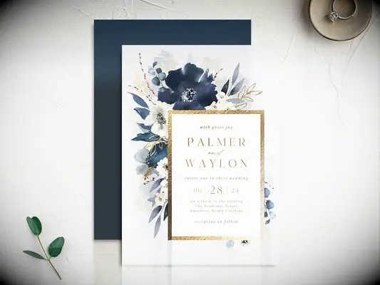 Gold foil and navy floral wedding invitation