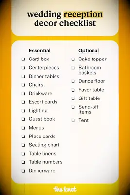 Printable wedding reception decoration checklist of essential and optional items.
