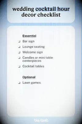 Printable wedding cocktail hour decor checklist of essential and optional items.