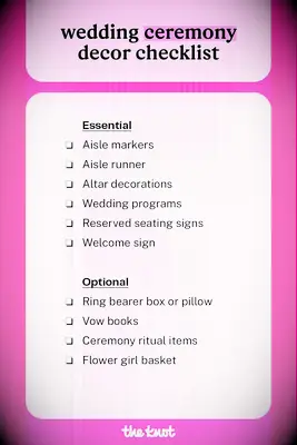 Printable wedding ceremony decor checklist of essential and optional items.