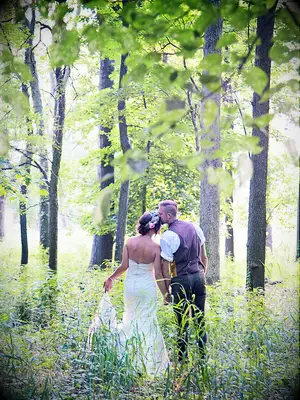 Wedding day couple pose idea, walking together and holding hands