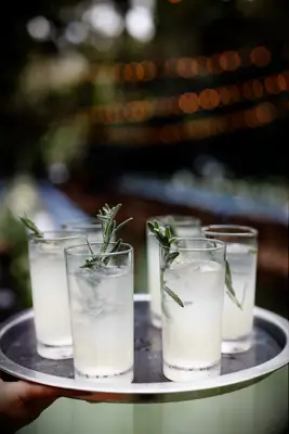 Server holding tray of rosemary wedding mocktails
