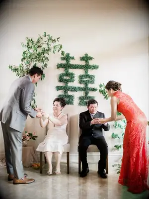 Chinese tea ceremony decorated with double happiness symbol