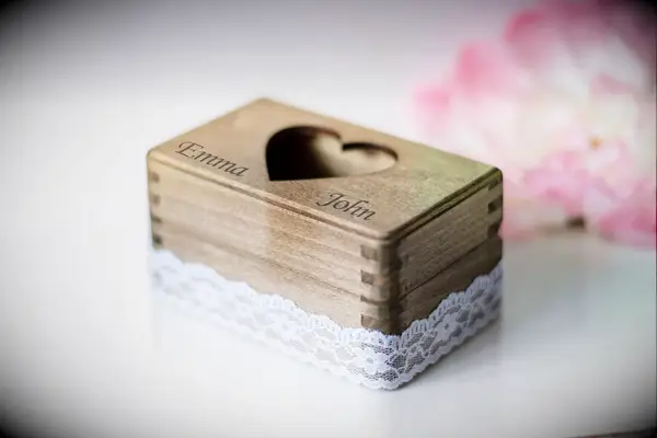 Custom wood ring bearer box with heart and lace detail