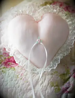 Shabby chic pink heart ring bearer pillow with lace trim