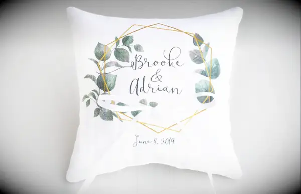 Personalized ring bearer pillow with greenery and gold detail