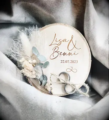 Personalized wood wedding ring holder with dried flowers and eucalyptus