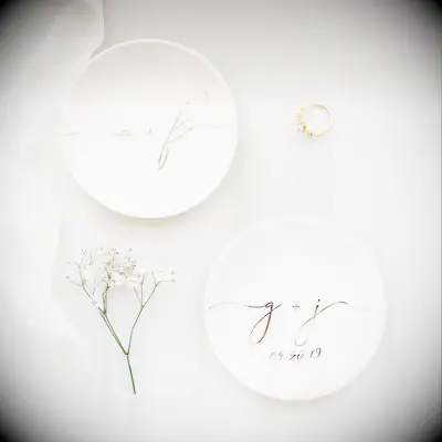 Personalized white ring bearer dish with gold initials 