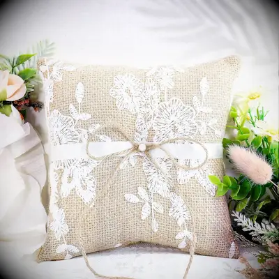 Burlap ring bearer pillow with Rustic Lace Embroidered Flower detail