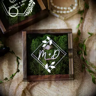 Custom square Ring Bearer Box with Clear Lid and Moss