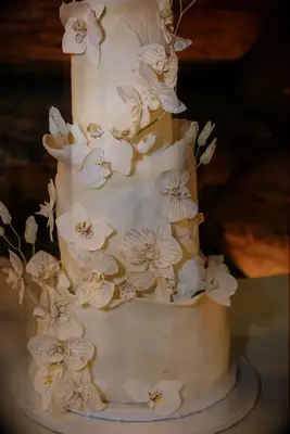 Large three tiered cake with white florals