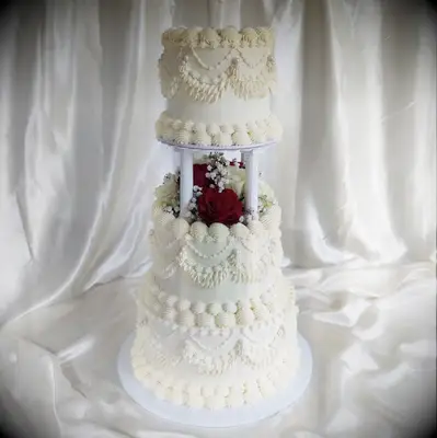 Large tiered wedding cake with florals