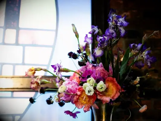 purple iris flower arrangement