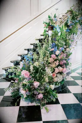 Staircase Decked Out With Stock, Delphinium and Peonies