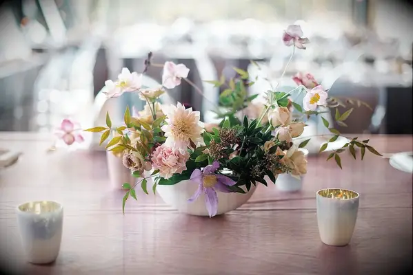 Ikebana Arrangement With Cosmos, Dahlia and Rose