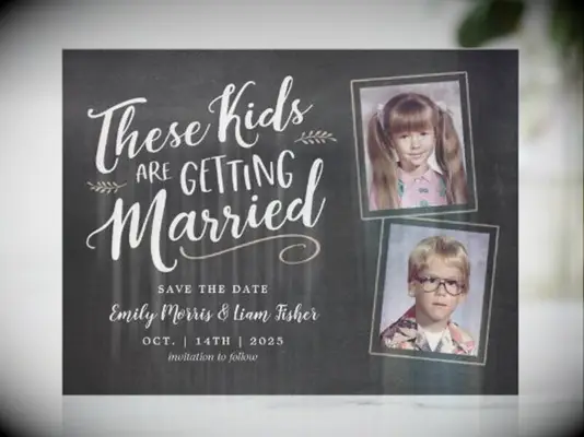 zazzle funny grey and white save the date card with script with two old photos and script