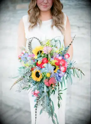 Wildflower Bouquet With Sunflowers and Feathers