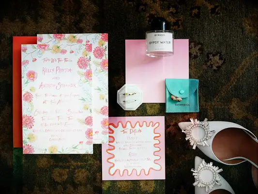 Playful pink garden wedding invitation idea