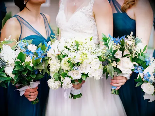 White and blue garden wedding bouquet