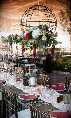Eclectic hanging floral decor garden wedding idea
