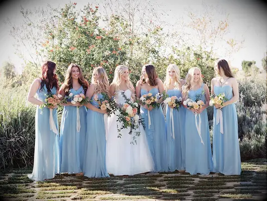 Baby blue bridesmaid dresses garden wedding idea