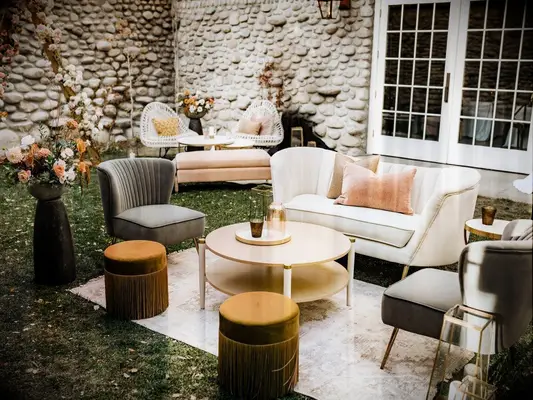 Mismatched lounge area at boho wedding