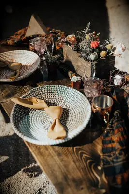 Flower box centerpiece at boho wedding