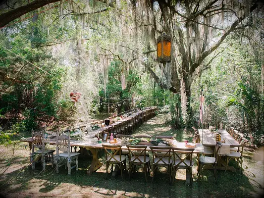 Casual outdoor reception area at boho wedding