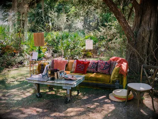 Vintage reception area at boho wedding