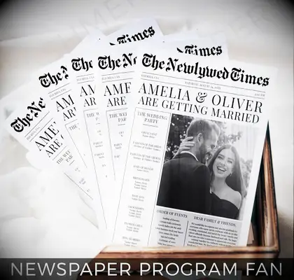 Newspaper inspired wedding program fan