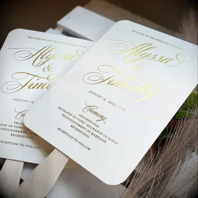 White and gold wedding program fan