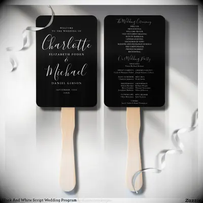 Black and white wedding program fan