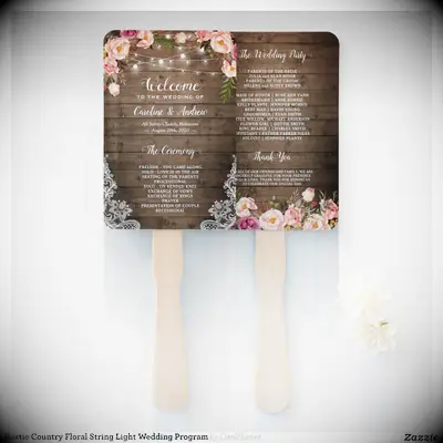 Rustic floral and string lights wedding program