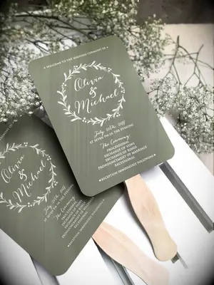 Olive green and white wedding program fan