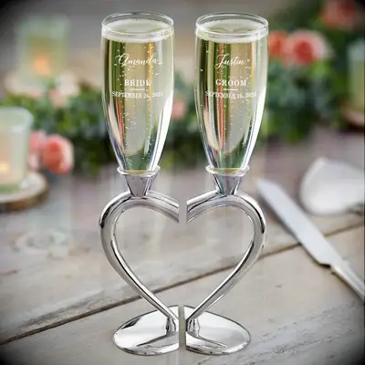 Connected hearts personalized wedding flute set from Personalization Mall