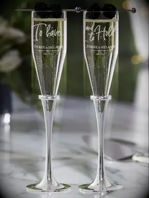 To Have and To Hold wedding toasting flutes with silver rhinestone ring