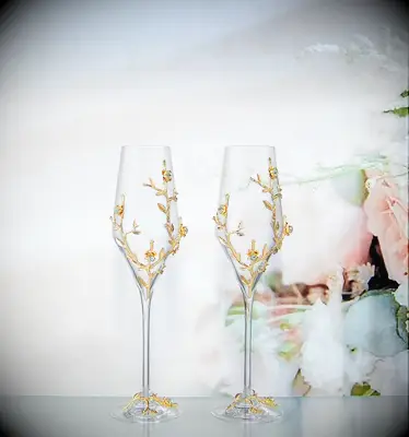 rustic glam wedding champagne flutes decorated with 3D gold branches and rhinestones