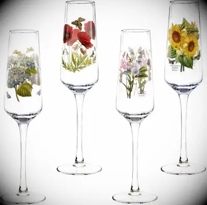 rustic wedding champagne flutes decorated with colorful vintage-inspired flowers