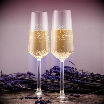 wedding champagne flutes engraved with names and wedding date