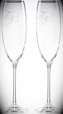 elegant engraved wedding champagne flute with peony design and silver plating