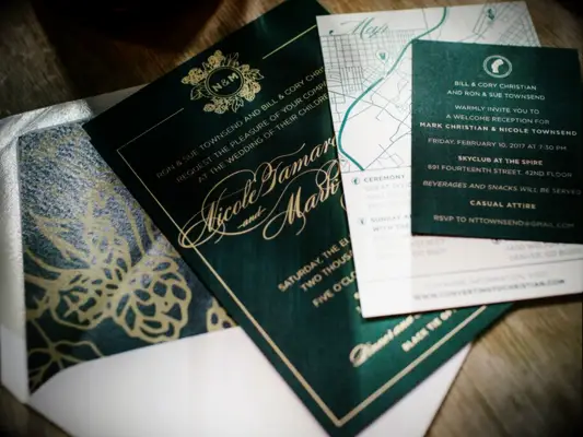 winter wedding ideas emerald and gold stationery