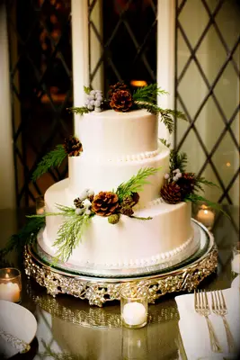 three tier winter wedding cake with white fondant, pinecones and greenry