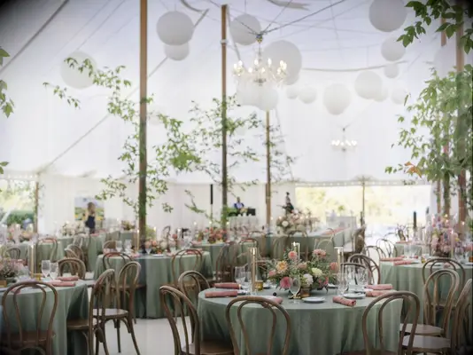 Inside earth tone reception tent