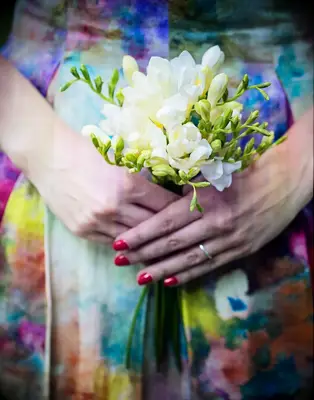 A springtime-perfect white fresia bouquet