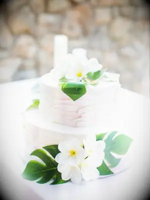 Two-tier wedding cake with monstera leaves and plumeria flowers