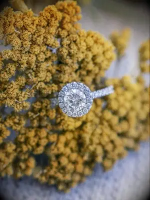 Engagement ring sitting on yarrow stem